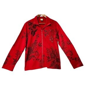 Jess & Jane Women's Sweater Red Floral Full Zip Rhinestone Artsy Appx. Large